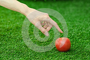 Vegetarians and fresh fruit and vegetables on the nature of the theme: human hand holding a red tomato on a background of green gr