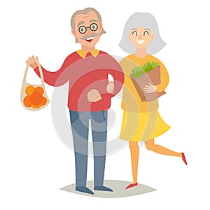 Vegetarians old people. Happy senior people, man and women. Flat vector illustration.