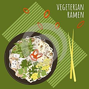 Vegeterian ramen soup with chopsticks on bamboo placemat poster. Asian food with noodles, tofu, corn, parsley, green onion, chili