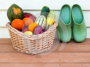 Veggie basket with garden clogs