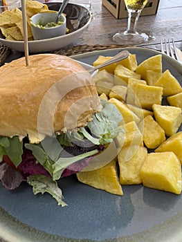 Veggie burger with chips and salad