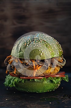 Veggie burger. vegetarian meat alternatives. Vertical orientation. close up