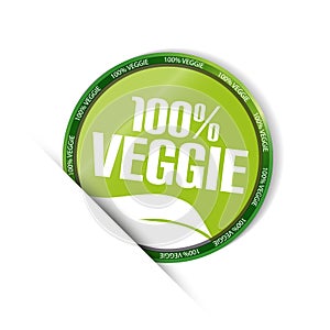 Veggie 100% - Green Round Button With Leaf - Vector Illustration - Isolated On White Background