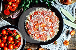 Veggie pizza. Pizza with tomatoes, shallot and fresh herbs. Cher