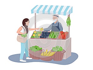 Veggies and fruits seller and buyer flat color vector faceless characters