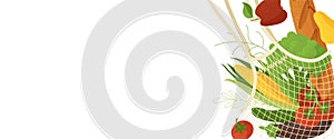 Veggies in mesh shopping bag flat vector illustration