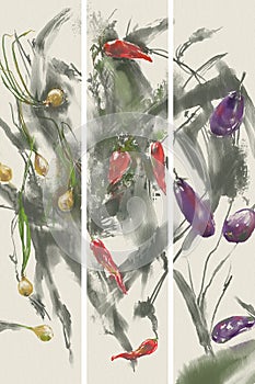 Veggies triptych in Asian style ink