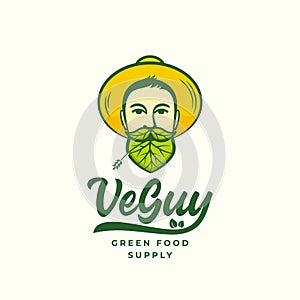 VeGuy Abstract Vector Sign, Symbol or Logo Template. Young Man in Gardener Hat. Face with Leaves Incorporated in Beard