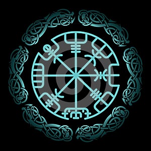 Vegvisir, the Magic Navigation Compass of ancient Icelandic Vikings with scandinavian ornament