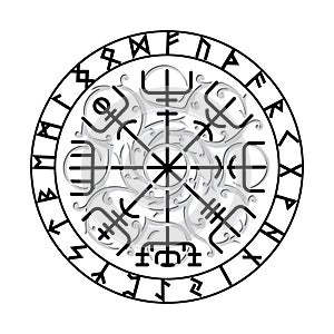 Vegvisir, the Magic Navigation Compass of ancient Icelandic Vikings with scandinavian runes