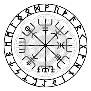 Vegvisir, the Magic Navigation Compass of ancient Icelandic Vikings with scandinavian runes