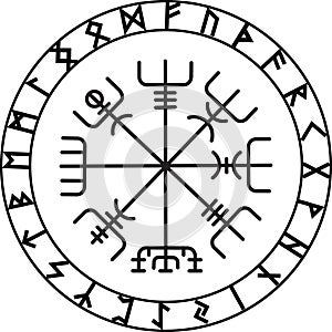 Vegvisir, the Magic Navigation Compass of ancient Icelandic Vikings with scandinavian runes photo