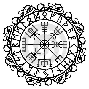 Vegvisir, magical ancient Icelandic viking navigational compass with Scandinavian patterns and runes, vector