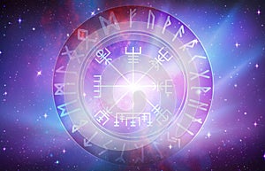Vegvisir runic compass of the vikings navigators, runes Elder Futhark symbols, universal portal, soul journey, Universe doorway