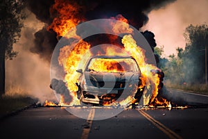 Vehicle Accident With A Car On Fire. Generative AI