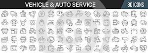 Vehicle and auto service line icons collection. Big UI icon set in a flat design. Thin outline icons pack. Vector illustration