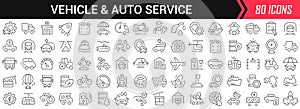 Vehicle and auto service linear icons in black. Big UI icons collection in a flat design. Thin outline signs pack. Big set of