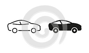 Vehicle Automobile Transportation Line and Silhouette Icon Set. Car in Side View Pictogram. Automotive Sedan Transport