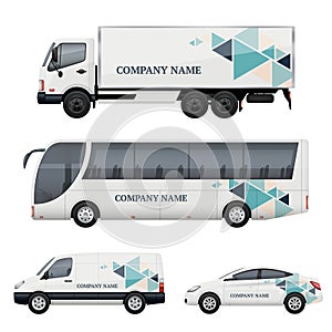 Vehicle branding. Transportation advertizing bus truck van car realistic vector mockup