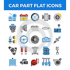 Vehicle and car parts flat icons.