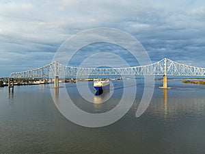 A Vehicle Carrier Ship Passing under the Commodore Barry Bridge