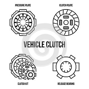 Vehicle clutch kit flat line icons. Clutch disc plate, cover, release bearing. Vector illustrations to indicate product