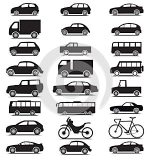 Vehicle collection with various jeep, car, bus, bicycle, lorry silhouette icons