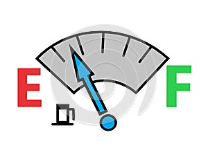 A vehicle gasoline fuel level dial meter indicator showing red E empty and green F full reading