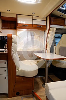 Vehicle interior wooden view of motorhome modern camper rv van