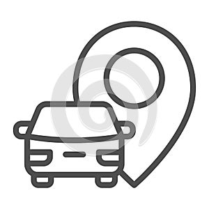 Vehicle location line icon, Navigation concept, car with pin pointer sign on white background, Rent car symbol in