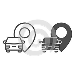 Vehicle location line and solid icon, Navigation concept, car with pin pointer sign on white background, Rent car symbol