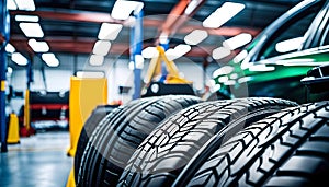 Vehicle maintenance and inspection, Tires in auto repair center, tire dealer customer, repair,