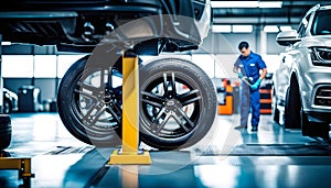Vehicle maintenance and inspection, Tires in auto repair center, tire dealer customer, repair,