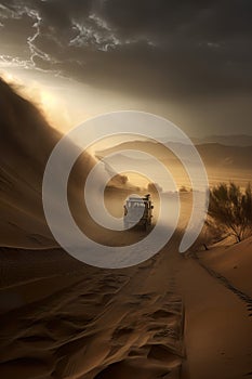 Vehicle near imminent sandstorm. Dust sand storm on desert.