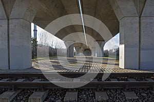 Vehicle overpass on concrete supports. Overbridge or Flyover built on concrete pylons. Nitra. Slovakia