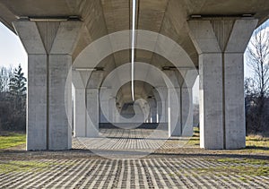Vehicle overpass on concrete supports. Overbridge or Flyover built on concrete pylons. Nitra. Slovakia
