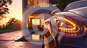 Vehicle parked in front of house with orange sunset backdrop, headlamps shining