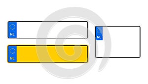 Vehicle registration plates of Netherlands. EU country identifier. blue band on license plates. Vector illustration.