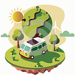 Vehicle Roof Solar Panel On Nature Background With Earth Globe, Sun, Windmill Illustration. Ecosystem and Earth Day
