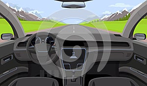 Vehicle salon, inside car driver view with rudder, dashboard and road, landscape in windshield. Driving simulator vector