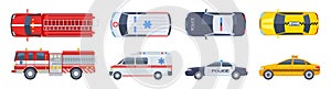 Vehicle set. Transport top view. Police car ambulance fire engine taxi vector flat isolated. Urban special transport