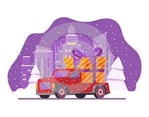Christmas delivery truck gift box.Tied gold ribbon bow.Vector flat car illustration.