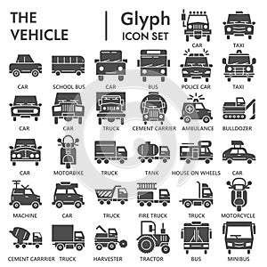 Vehicle solid icon set, transportation symbols collection or sketches. Truck and car glyph style signs for web and app