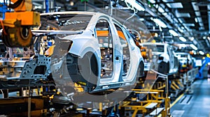 A vehicle stands on the production line within a factory, undergoing assembly with precision and care