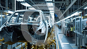 A vehicle stands on the production line within a factory, undergoing assembly with precision and care