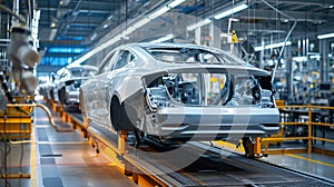 A vehicle stands on the production line within a factory, undergoing assembly with precision and care