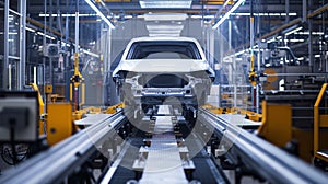 A vehicle stands on the production line within a factory, undergoing assembly with precision and care