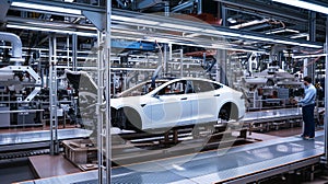 A vehicle stands on the production line within a factory, undergoing assembly with precision and care