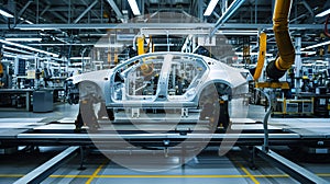 A vehicle stands on the production line within a factory, undergoing assembly with precision and care