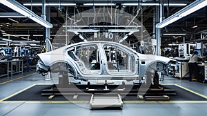 A vehicle stands on the production line within a factory, undergoing assembly with precision and care